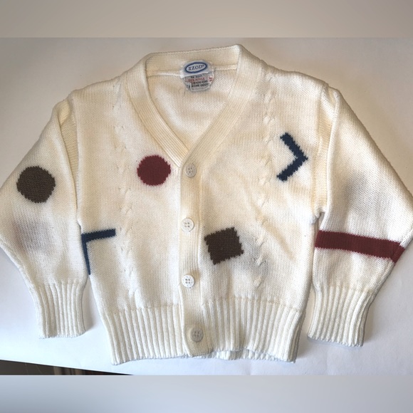 VINTAGE IZOD KIDS WHITE SWEATER BUTTON DOWN CARDIGAN GEOMETRIC SHAPES 3T - Picture 3 of 7